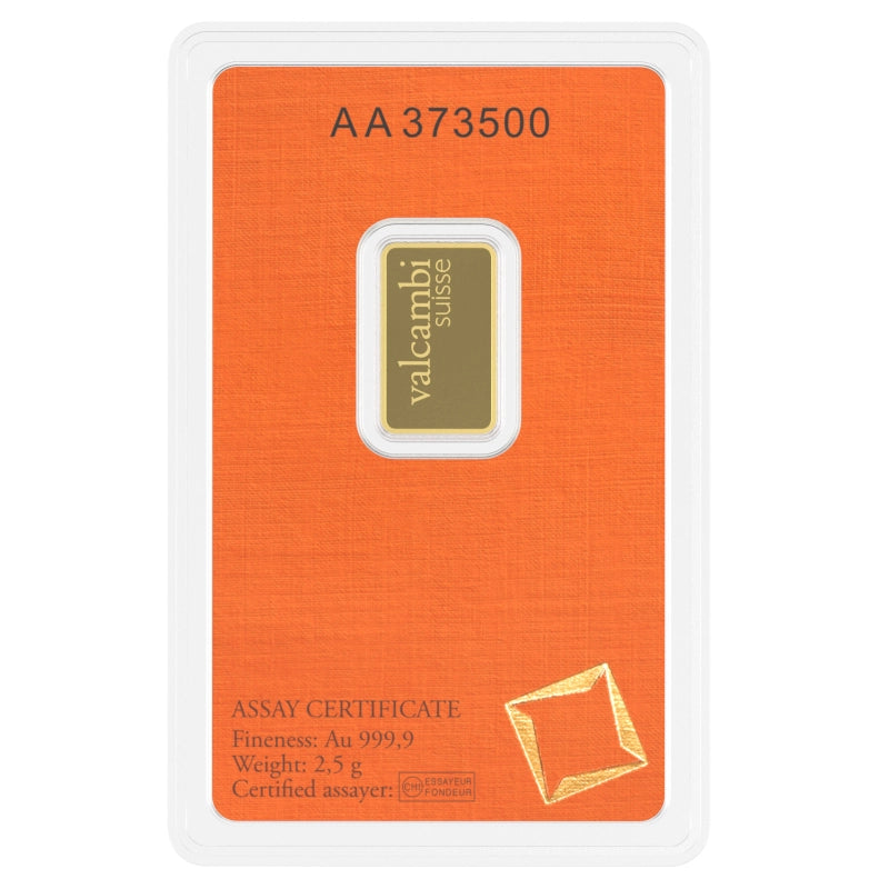Valcambi Suisse 2.5 gram Gold Bar (In Assay) reverse with 'Valcambi Suisse' inscription