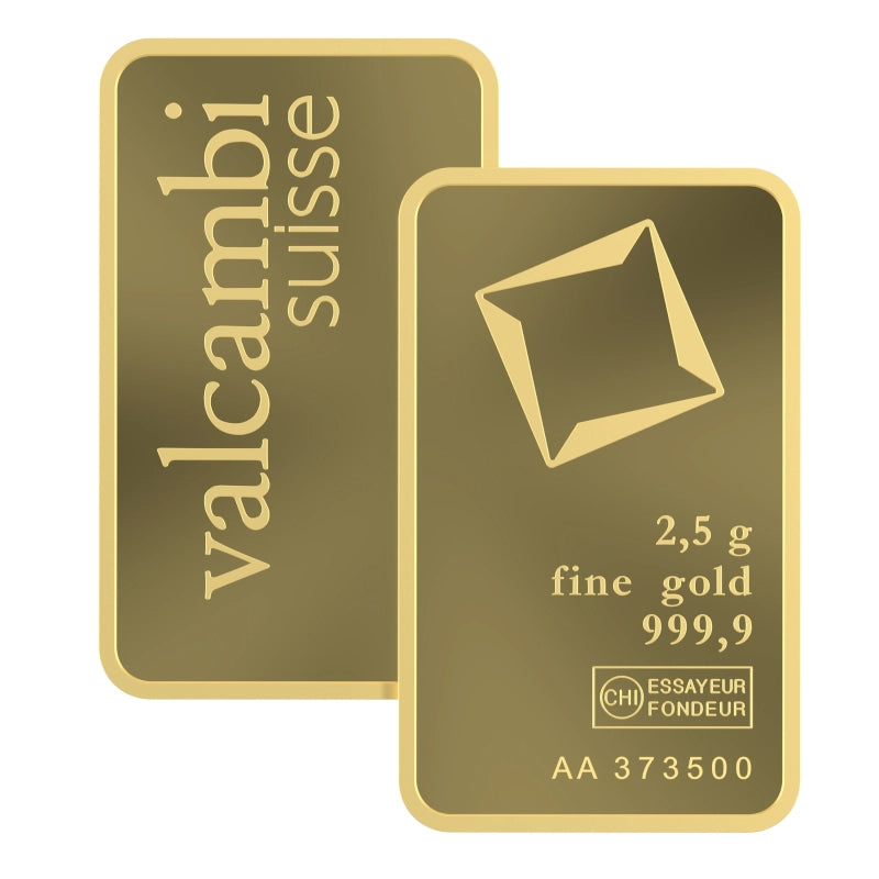 Valcambi Suisse 2.5 gram Gold Bar featuring Valcambi's rotating square logo and inscription