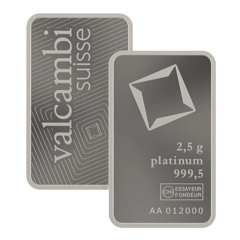 Valcambi Suisse 2.5 gram Platinum Bar featuring Valcambi's rotating square logo and inscription