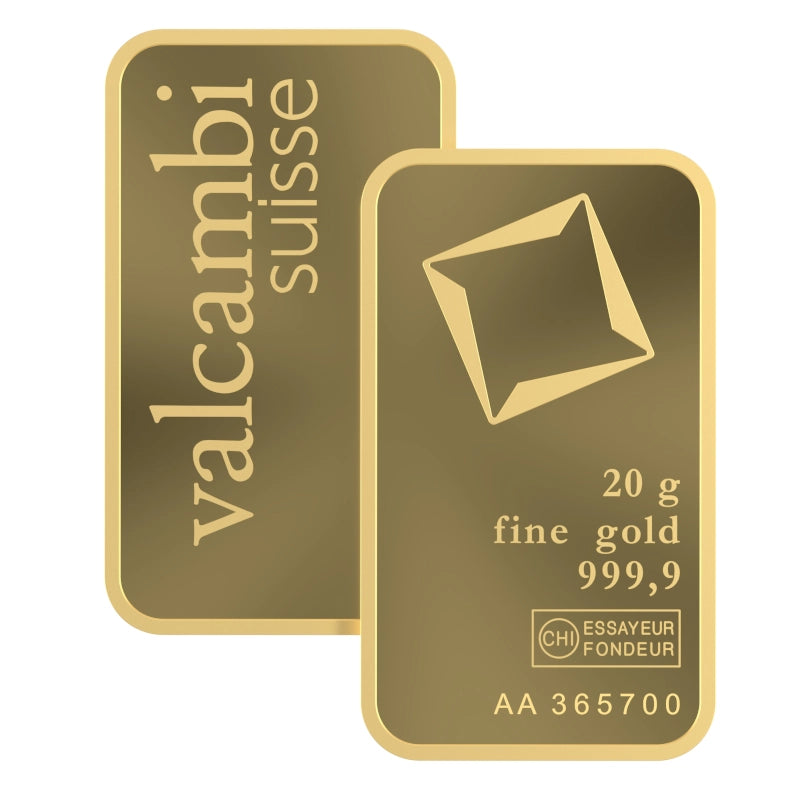 Valcambi Suisse 20 gram Gold Bar featuring Valcambi's rotating square logo and inscription