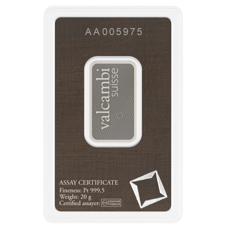 Valcambi Suisse 20 gram Platinum Bar (In Assay) reverse with 'Valcambi Suisse' inscription