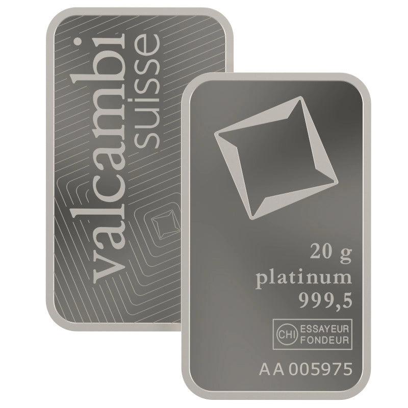 Valcambi Suisse 20 gram Platinum Bar featuring Valcambi's rotating square logo and inscription