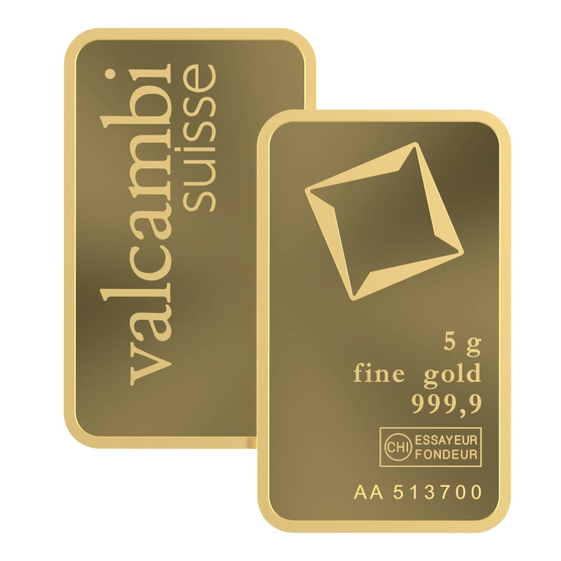 Valcambi Suisse 5 gram Gold Bar featuring Valcambi's rotating square logo and inscription