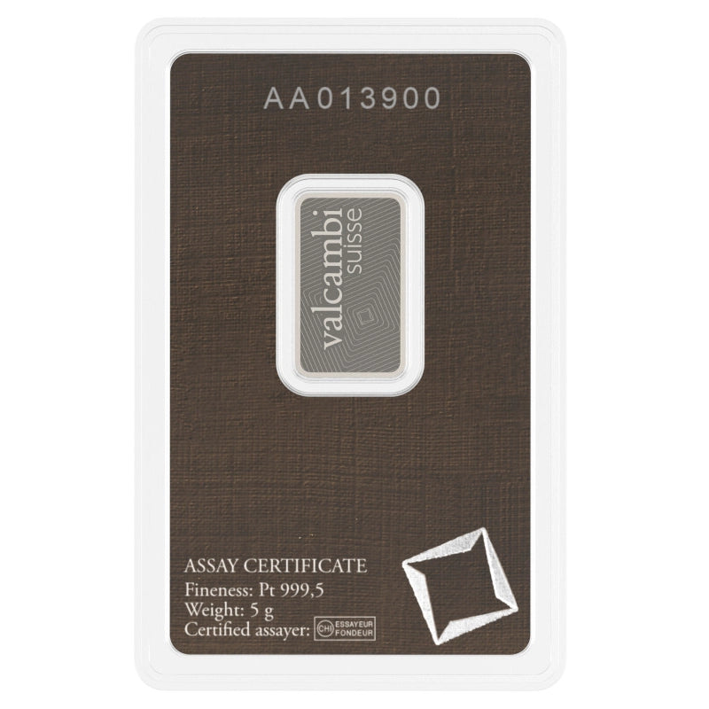 Valcambi Suisse 5 gram Platinum Bar (In Assay) reverse with 'Valcambi Suisse' inscription