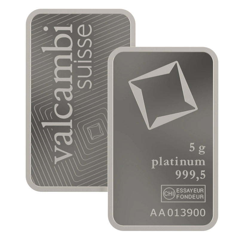 Valcambi Suisse 5 gram Platinum Bar featuring Valcambi's rotating square logo and inscription