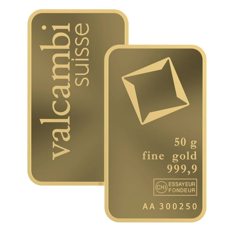 Valcambi Suisse 50 gram Gold Bar featuring Valcambi's rotating square logo and inscription
