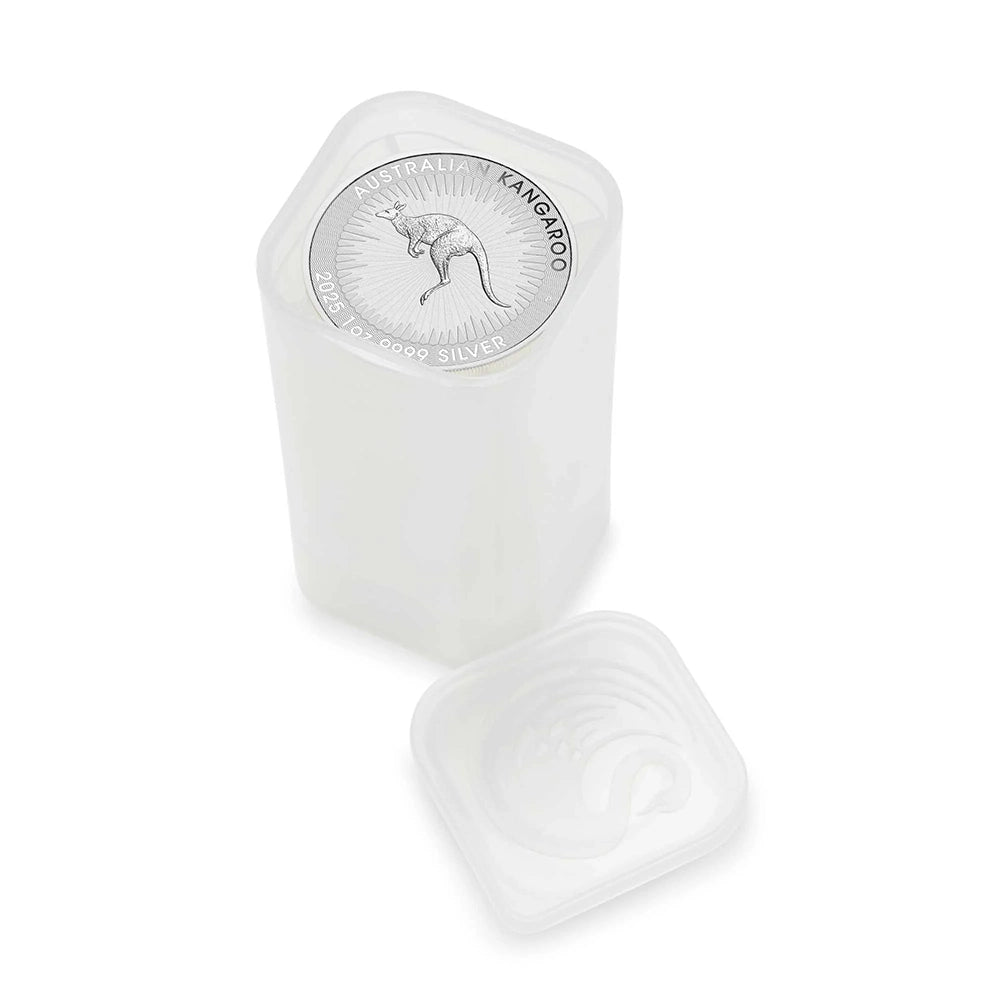 2025 Australian Kangaroo 1 oz Silver Coin tube holding 25 coins