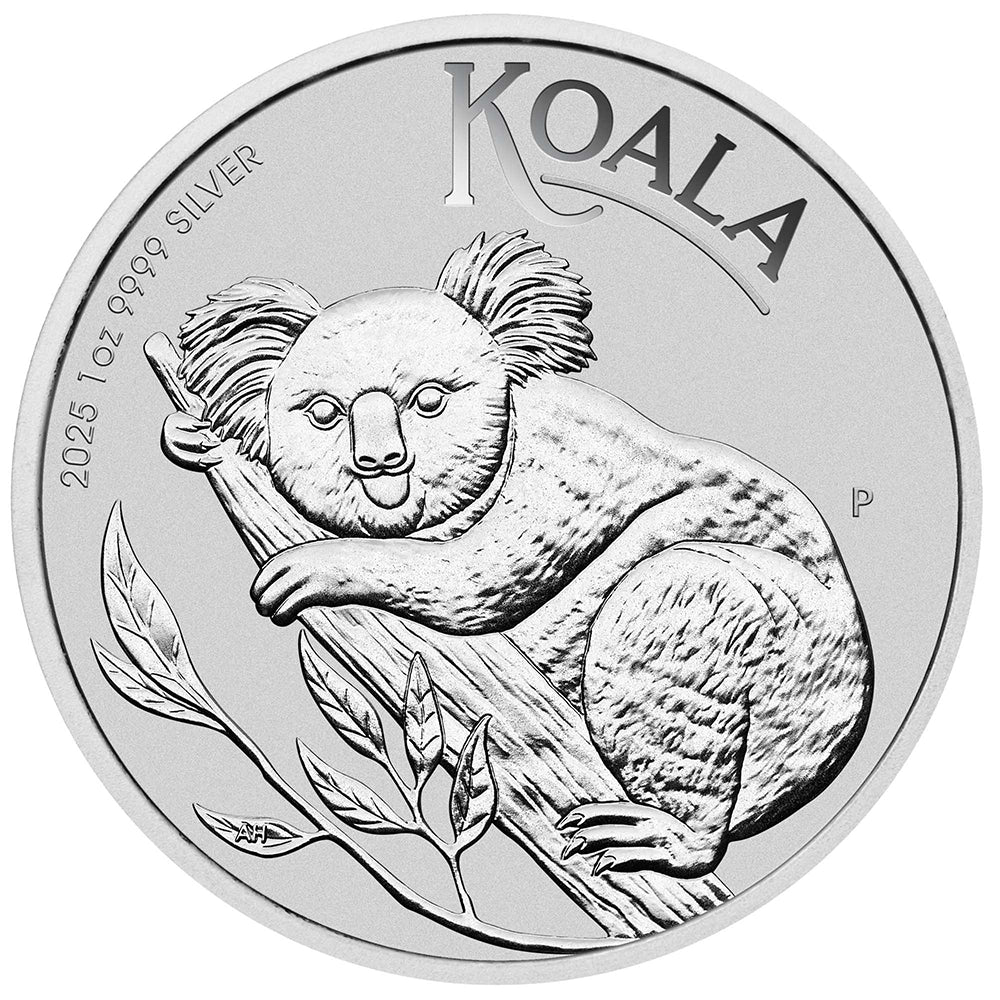 2025 Australian Koala 1 oz Silver Coin reverse featuring a koala nestled comfortably on a eucalyptus tree branch