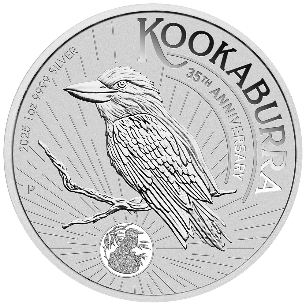 2025 Australian Kookaburra 1 oz Silver Coin reverse featuring a kookaburra perched on a tree branch, surrounded by native Australian flora