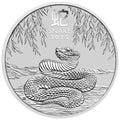2025 Australian Lunar Series III: Year of the Snake 1/2 oz Silver Coin reverse showcasing a snake coiled on the ground beneath hanging leaves