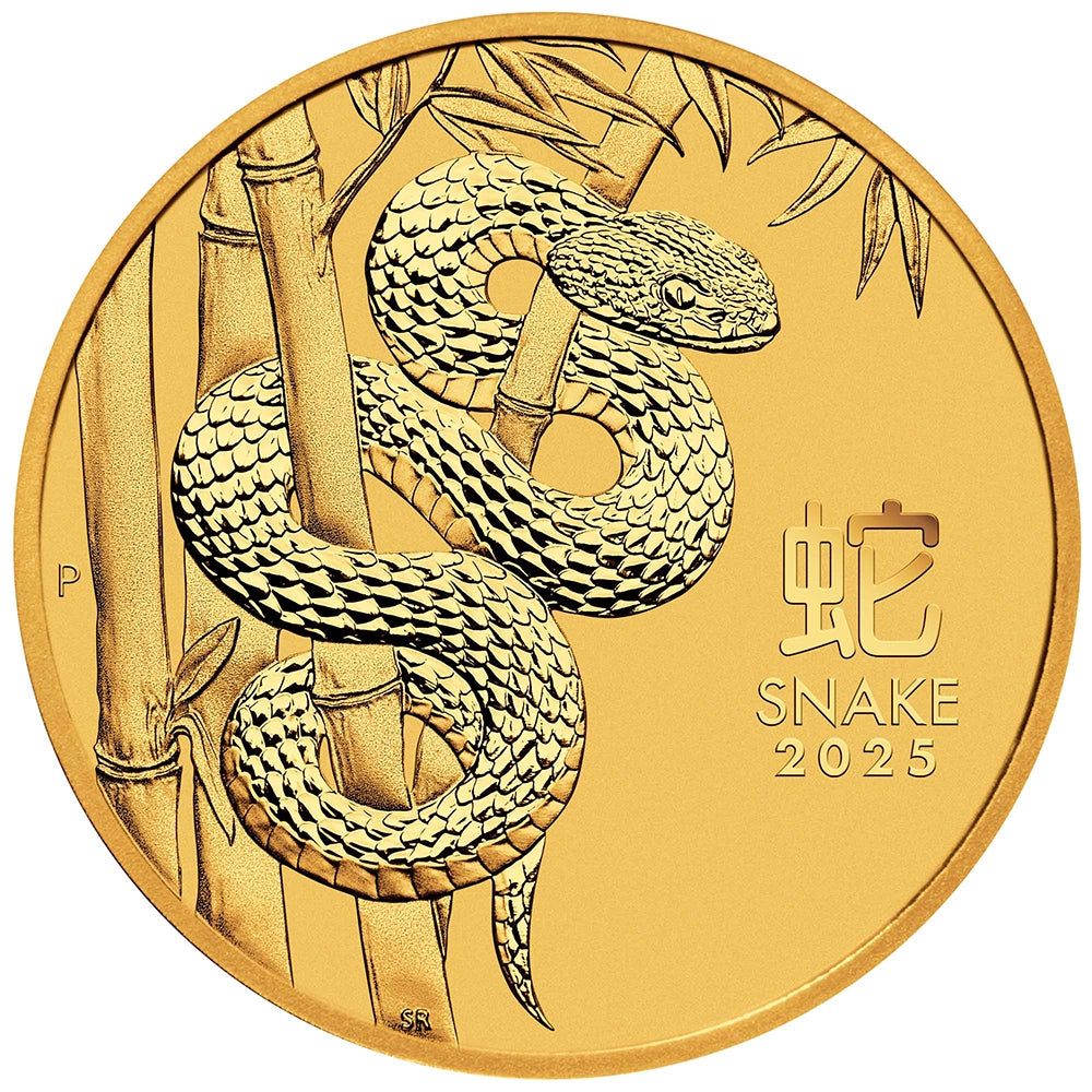 2025 Australian Lunar Series III: Year of the Snake 2 oz Gold Coin reverse showcasing a snake coiled among bamboo stems