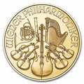 2025 Austrian Philharmonic 1/25 oz Gold Coin reverse displaying a collection of orchestral instruments, including the cello, harp, and Vienna horn