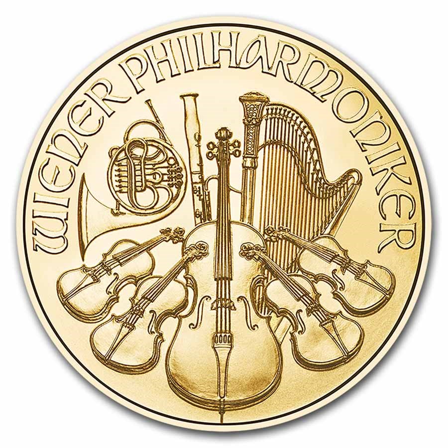 2025 Austrian Philharmonic 1/4 oz Gold Coin reverse displaying a collection of orchestral instruments, including the cello, harp, and Vienna horn