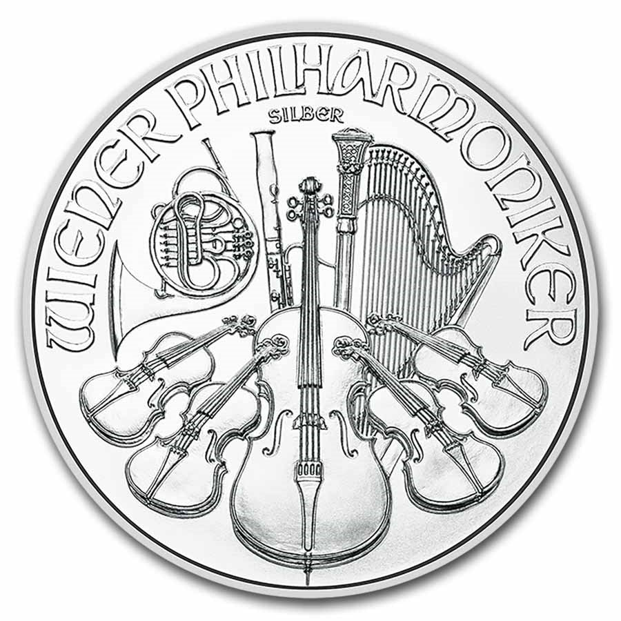 2025 Austrian Philharmonic 1 oz Silver Coin reverse displaying a collection of orchestral instruments, including the cello, harp, and Vienna horn