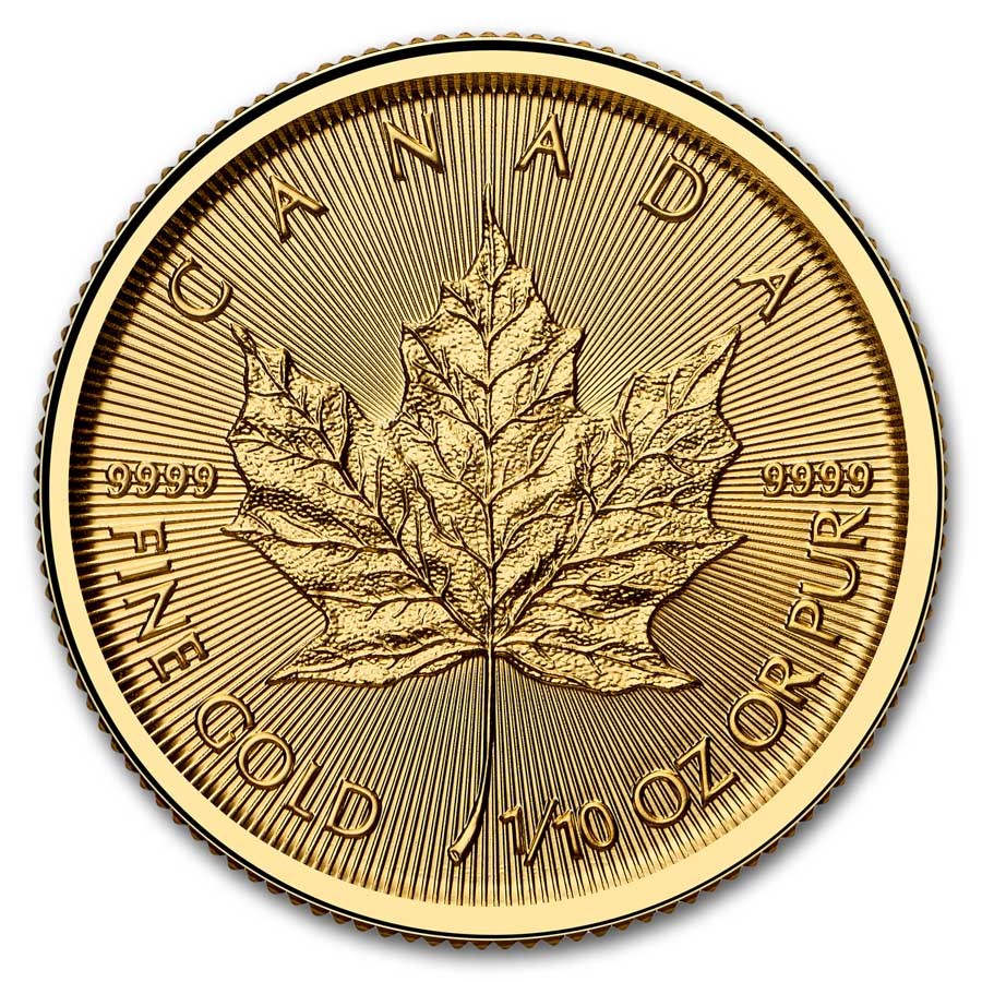 2025 Canadian Maple Leaf 1/10 oz Gold Coin reverse displaying a large maple leaf