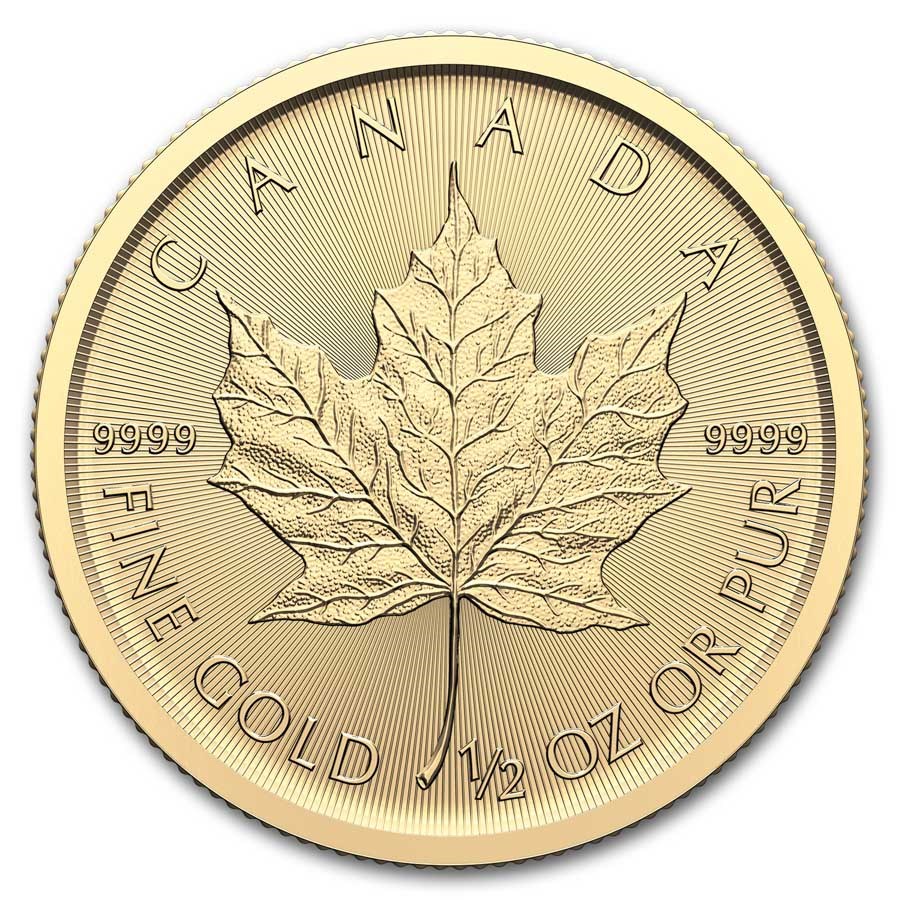 2025 Canadian Maple Leaf 1/2 oz Gold Coin reverse displaying a large maple leaf