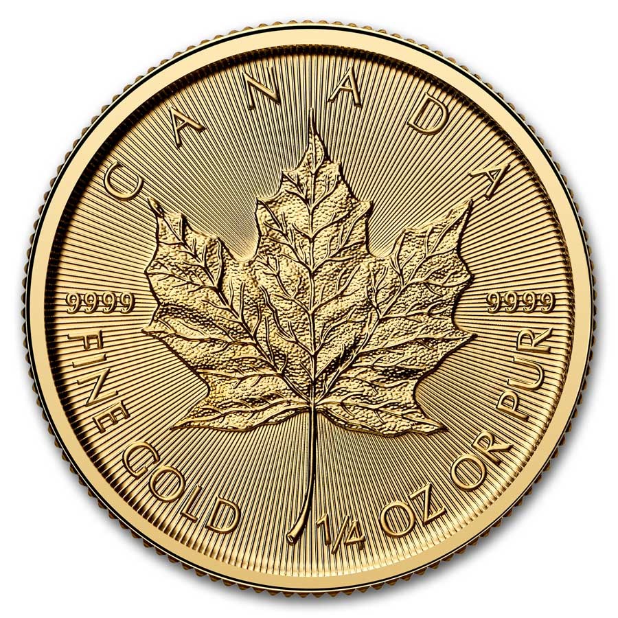 2025 Canadian Maple Leaf 1/4 oz Gold Coin reverse displaying a large maple leaf