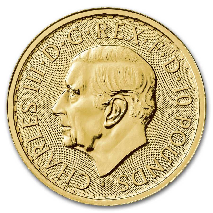 2025 Britannia 1/10 oz Gold Coin obverse with left-profile portrait of King Charles III