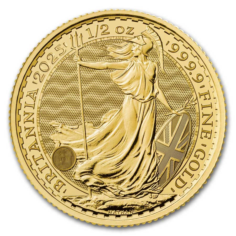 2025 Britannia 1/2 oz Gold Coin reverse featuring Britannia with trident and shield, adorned with the Union Flag