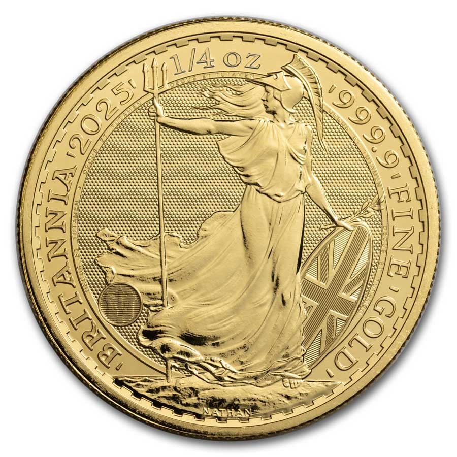 2025 Britannia 1/4 oz Gold Coin reverse featuring Britannia with trident and shield, adorned with the Union Flag