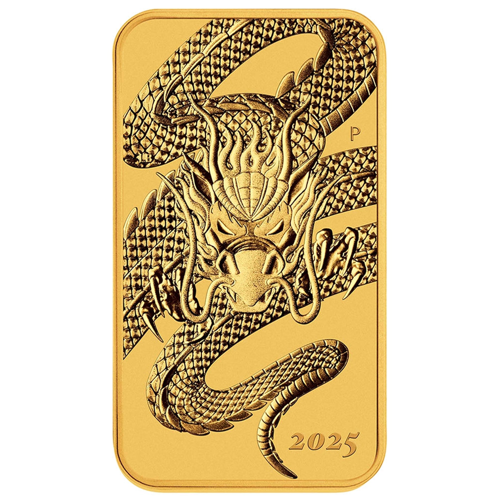 2025 Perth Mint Dragon 1 oz Gold Rectangular Coin reverse features a dragon with open claws and intricately scaled wings
