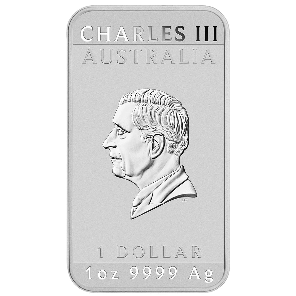 2025 Perth Mint Dragon 1 oz Silver Rectangular Coin obverse displays the effigy of His Majesty King Charles III
