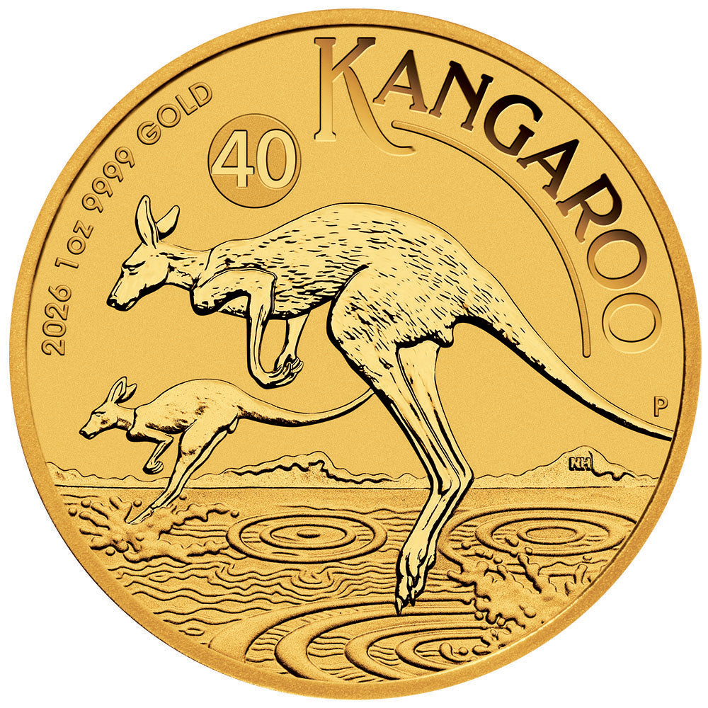 2026 Australian Kangaroo 1 oz Gold Coin reverse featuring two kangaroos leaping through shimmering waters
