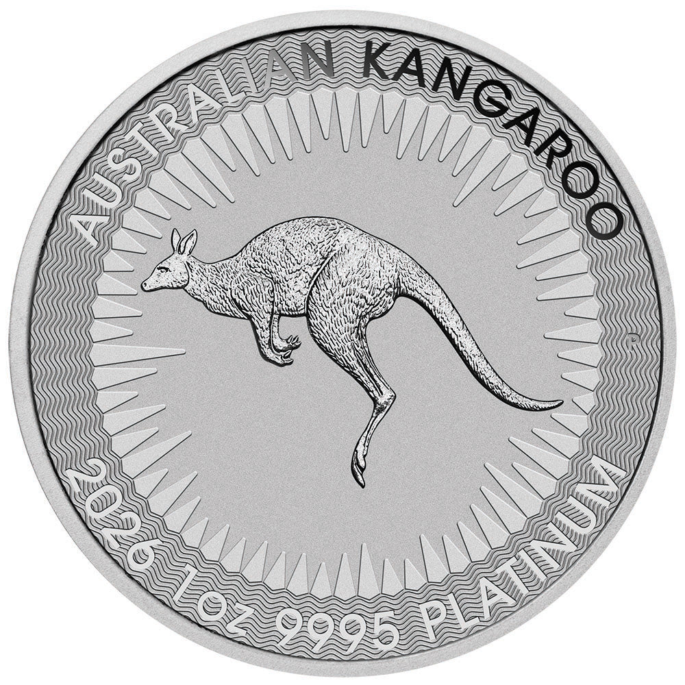 2026 Australian Kangaroo 1 oz Platinum Coin featuring a leaping kangaroo, captured amid stylised rays of sunlight