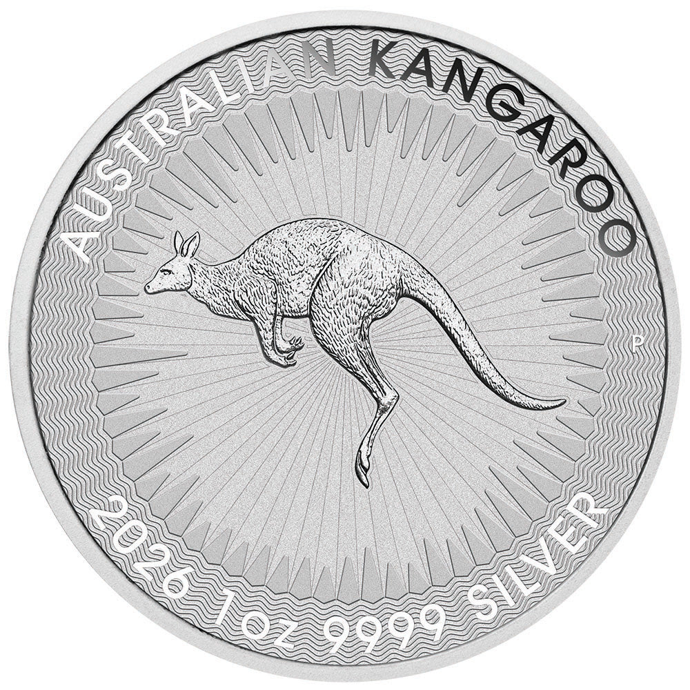 2026 Australian Kangaroo 1 oz Silver Coin reverse showcasing a leaping kangaroo, depicted against a background of stylised rays of sunlight