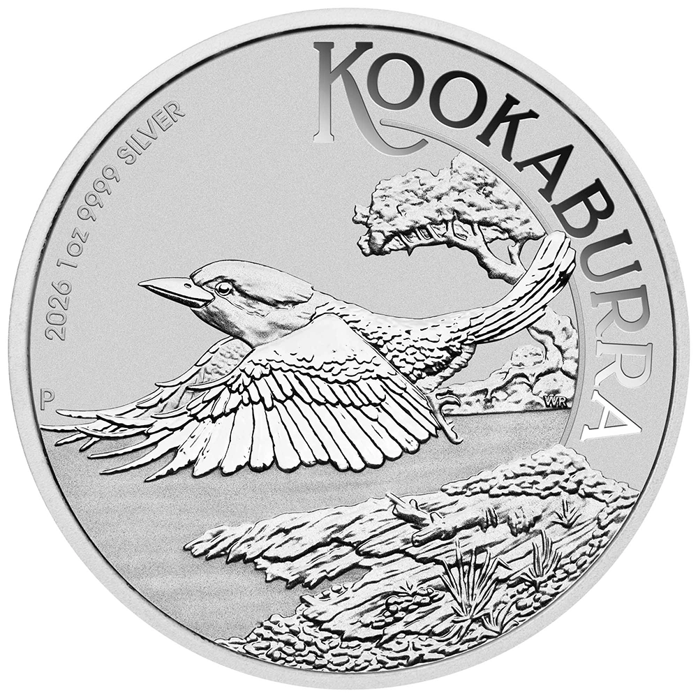 2026 Australian Kookaburra 1 oz Silver Coin reverse featuring a kookaburra in flight over a river, framed by lush trees and rugged rock