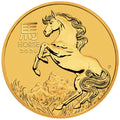 2026 Australian Lunar Series III: Year of the Horse 1/20 oz Gold Coin reverse showcasing a majestic horse, set against a detailed landscape of grasslands and mountains