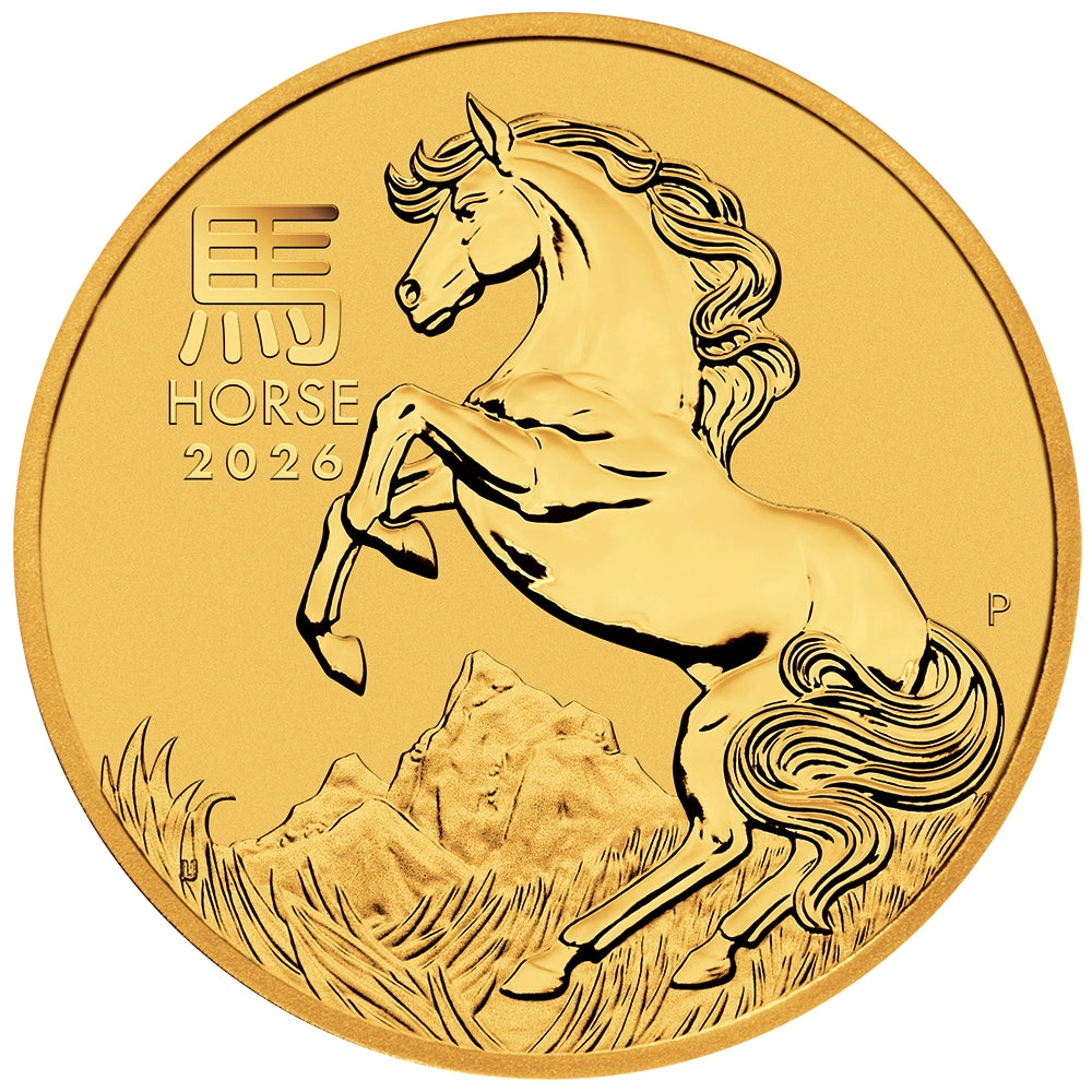 2026 Australian Lunar Series III: Year of the Horse 1 oz Gold Coin reverse showcasing a majestic horse, set against a detailed landscape of grasslands and mountains
