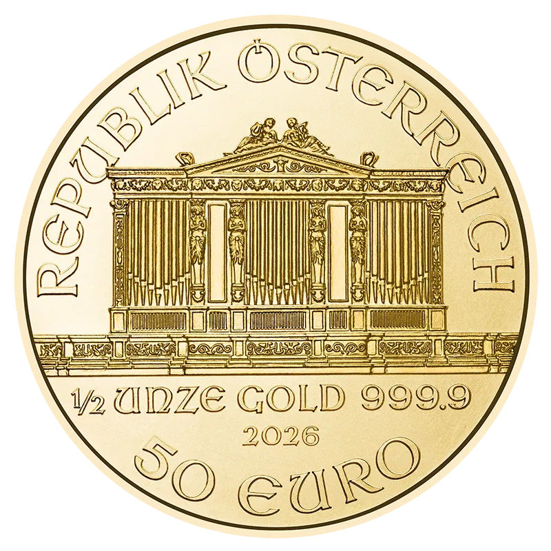 2026 Austrian Philharmonic 1/2 oz Gold Coin obverse featuring the Great Organ of the Golden Hall in Vienna