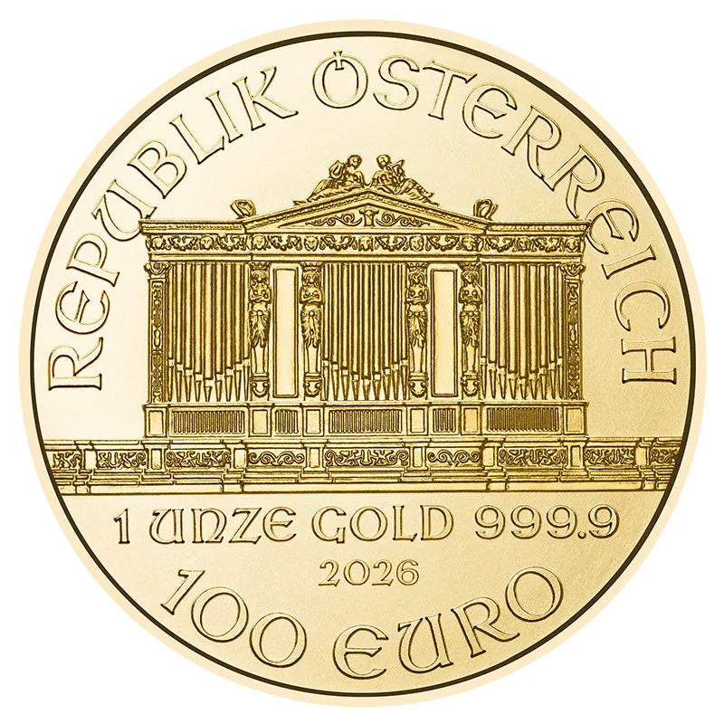 2026 Austrian Philharmonic 1 oz Gold Coin obverse featuring the Great Organ of the Golden Hall in Vienna