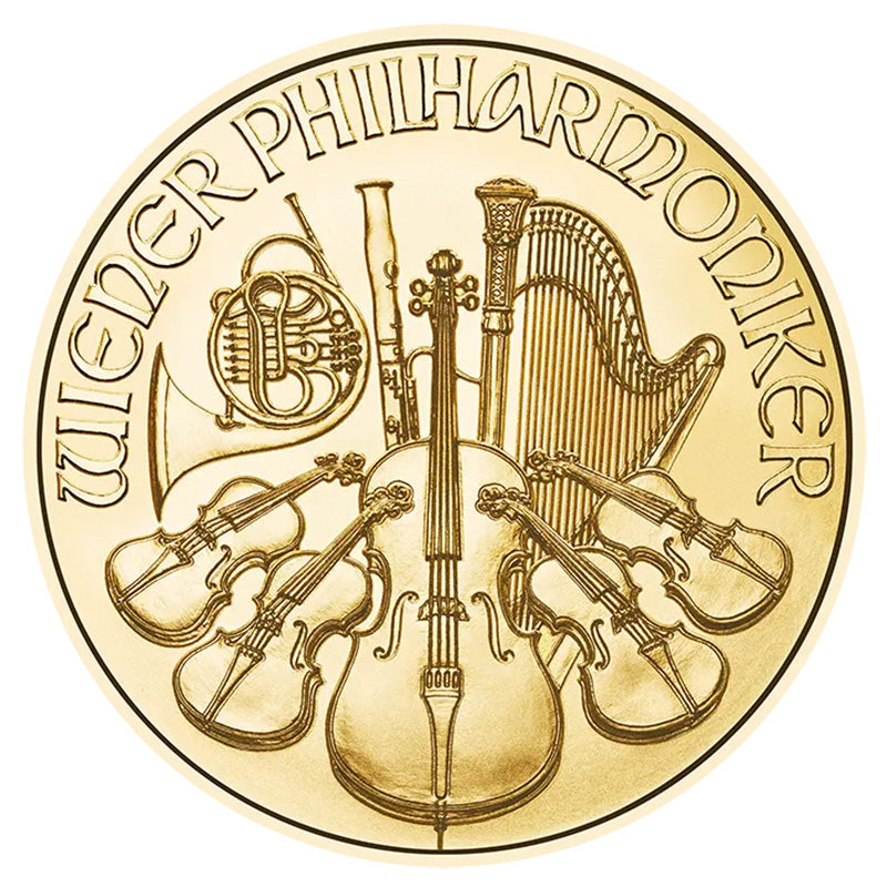 2026 Austrian Philharmonic 1 oz Gold Coin reverse displaying a collection of orchestral instruments, including the cello, harp, and Vienna horn