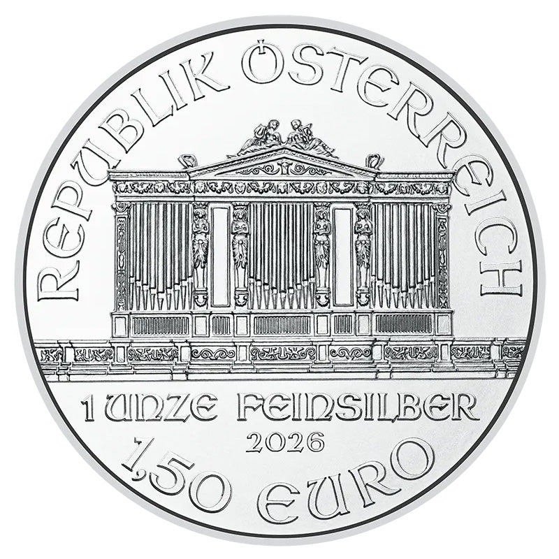 2026 Austrian Philharmonic 1 oz Silver Coin obverse featuring the Great Organ of the Golden Hall in Vienna