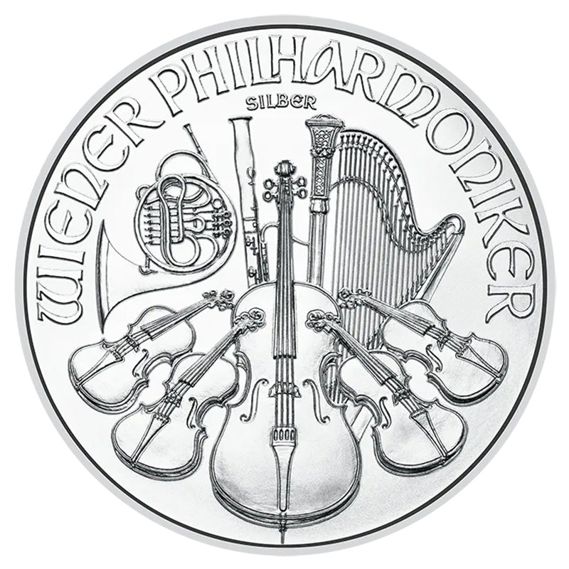 2026 Austrian Philharmonic 1 oz Silver Coin reverse displaying a collection of orchestral instruments, including the cello, harp, and Vienna horn