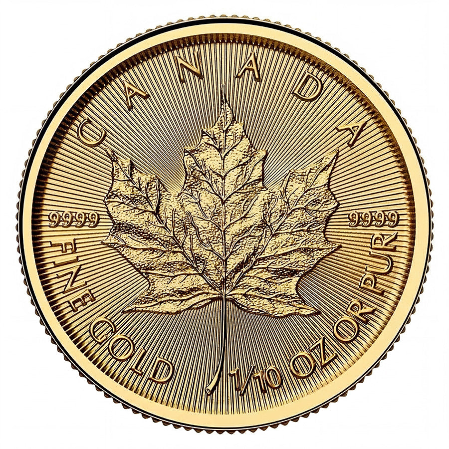 2026 Canadian Maple Leaf 1/10 oz Gold Coin reverse displaying a large maple leaf
