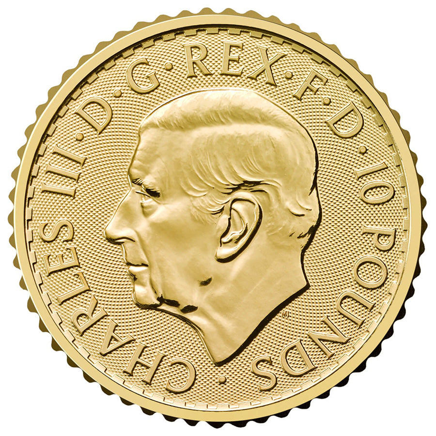 2026 Britannia 1/10 oz Gold Coin obverse with left-profile portrait of King Charles III