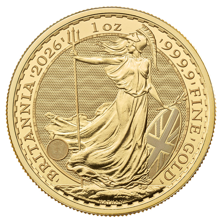 2026 Britannia 1 oz Gold Coin reverse featuring Britannia with trident and shield, adorned with the Union Flag