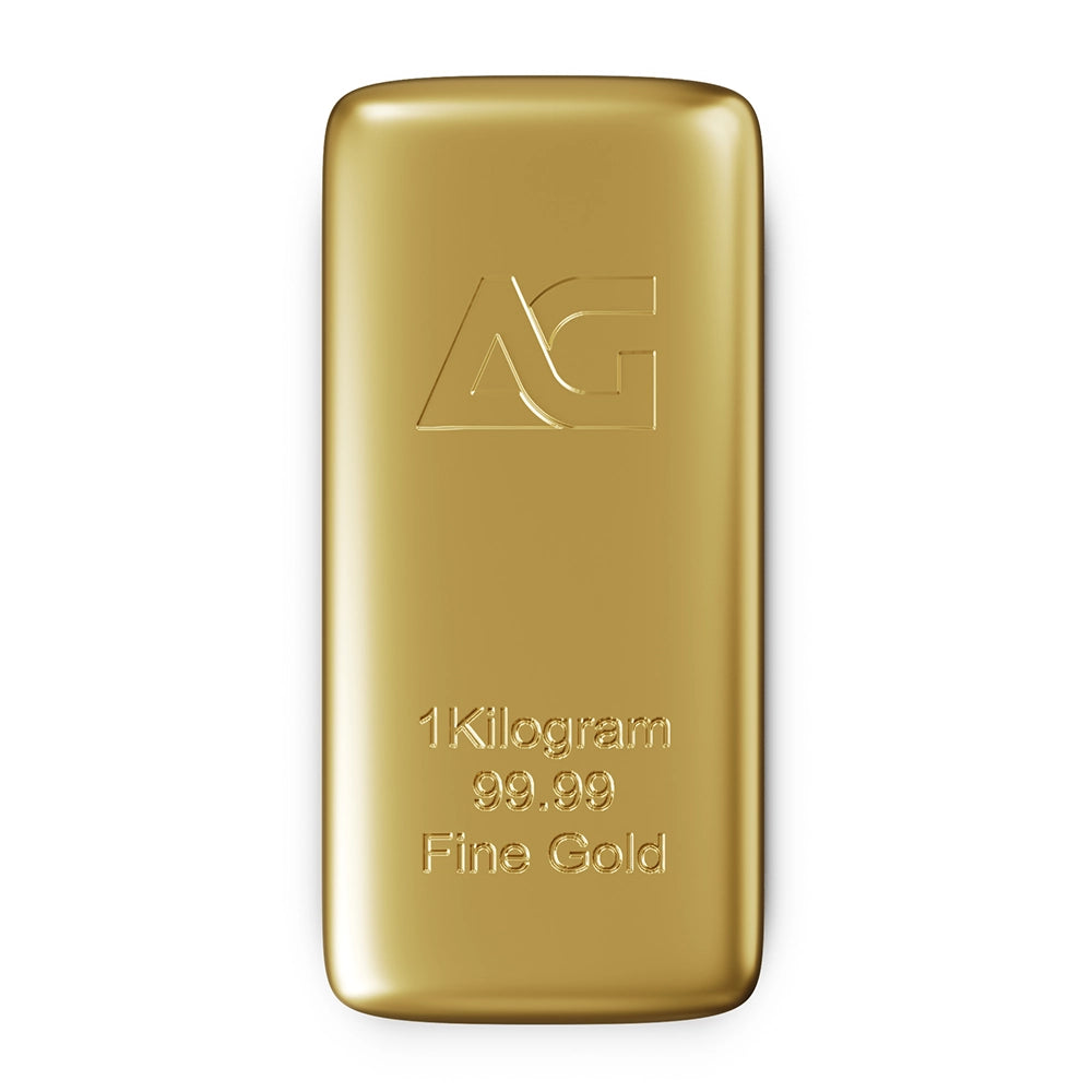 As Good As Gold 1 kilo Gold Bar stamped with the 'AG' hallmark, weight and purity