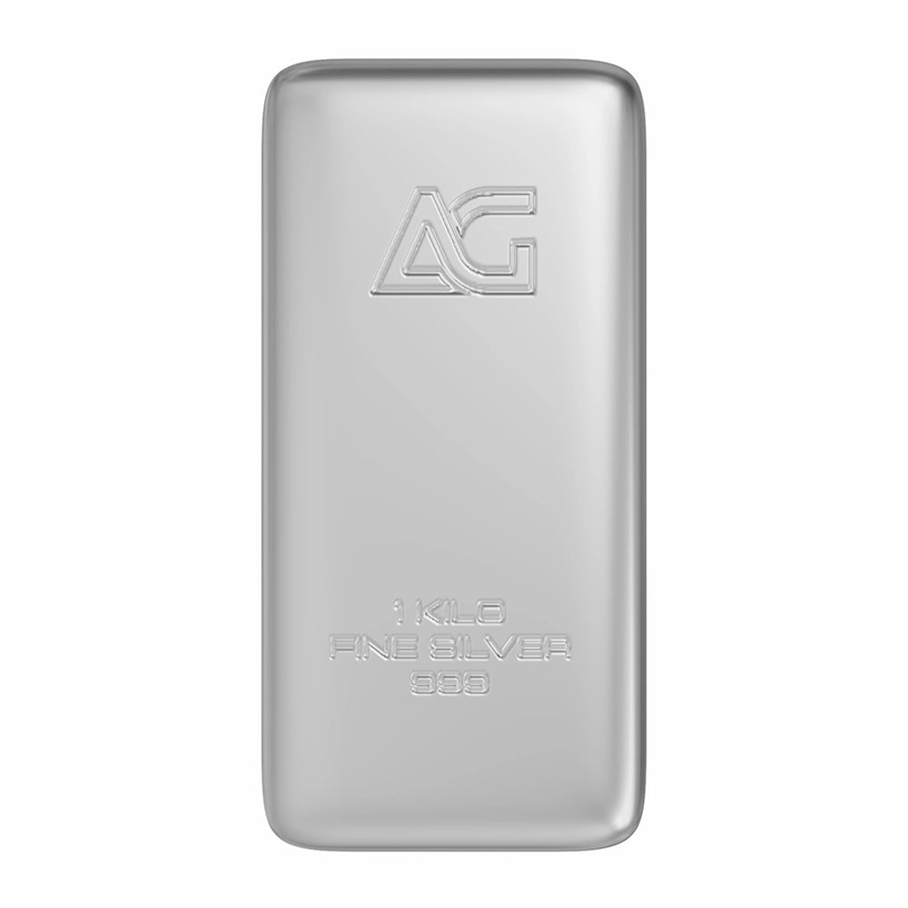 As Good As Gold 1 kilo Silver Bar stamped with the 'AG' hallmark, weight and purity