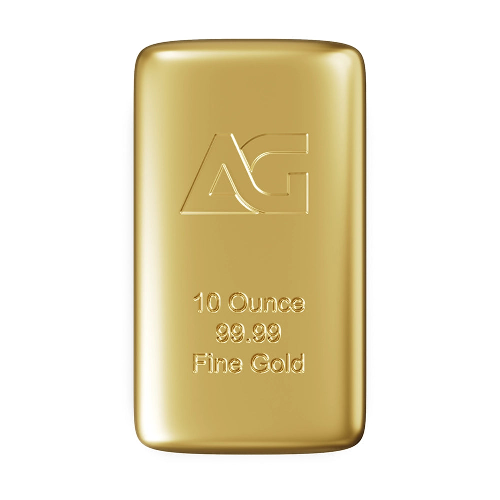 As Good As Gold 10 oz Gold Bar stamped with the 'AG' hallmark, weight and purity