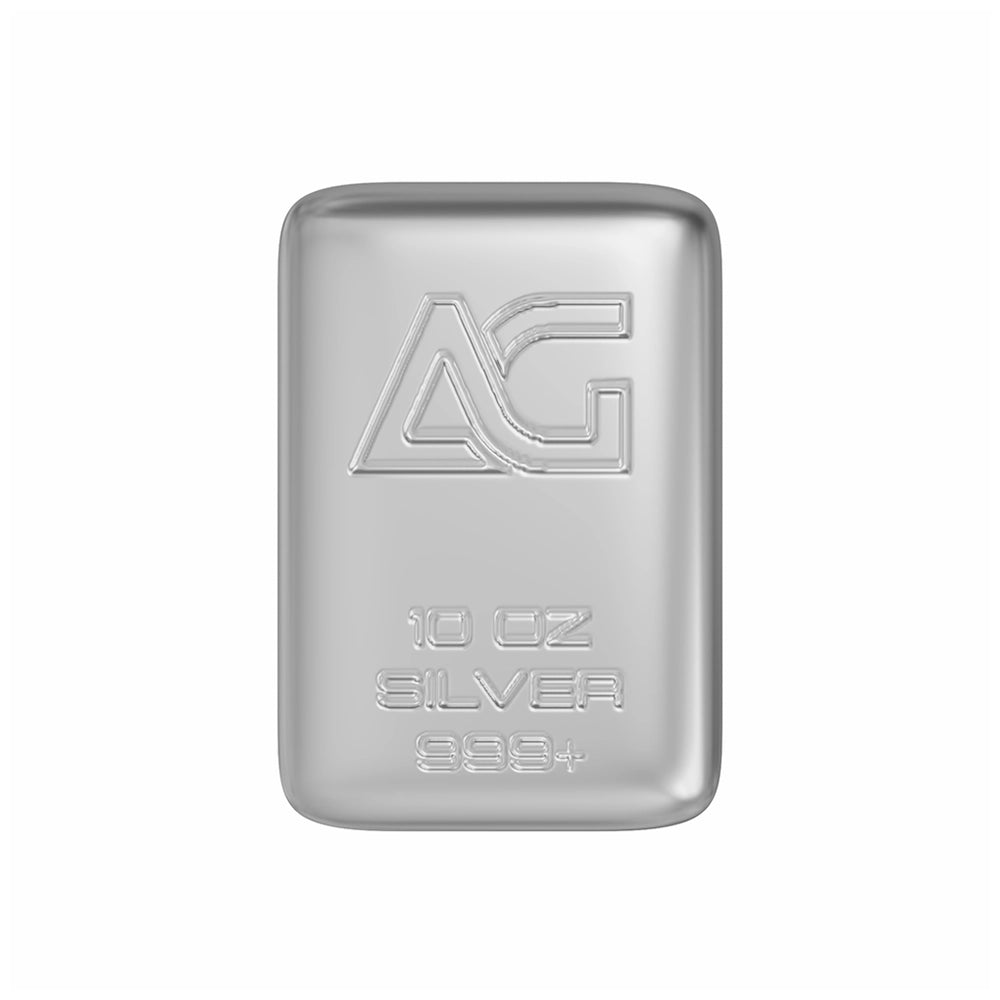 As Good As Gold 10 oz Silver Bar stamped with the 'AG' hallmark, weight and purity