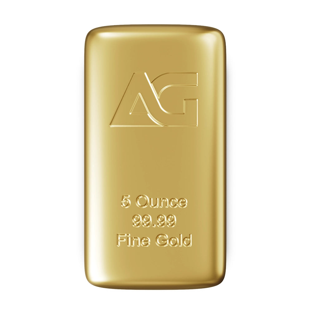 As Good As Gold 5 oz Gold Bar stamped with the 'AG' hallmark, weight and purity