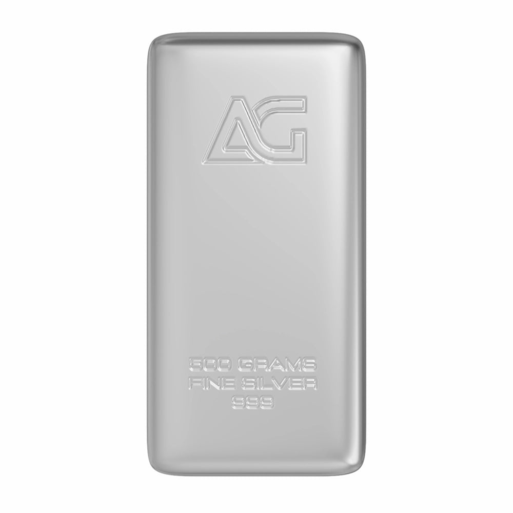 As Good As Gold 500 gram Silver Bar stamped with the 'AG' hallmark, weight and purity