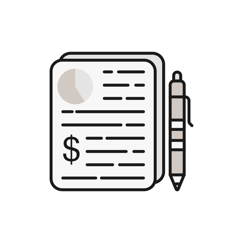 Illustration of a document with a dollar sign and a pen