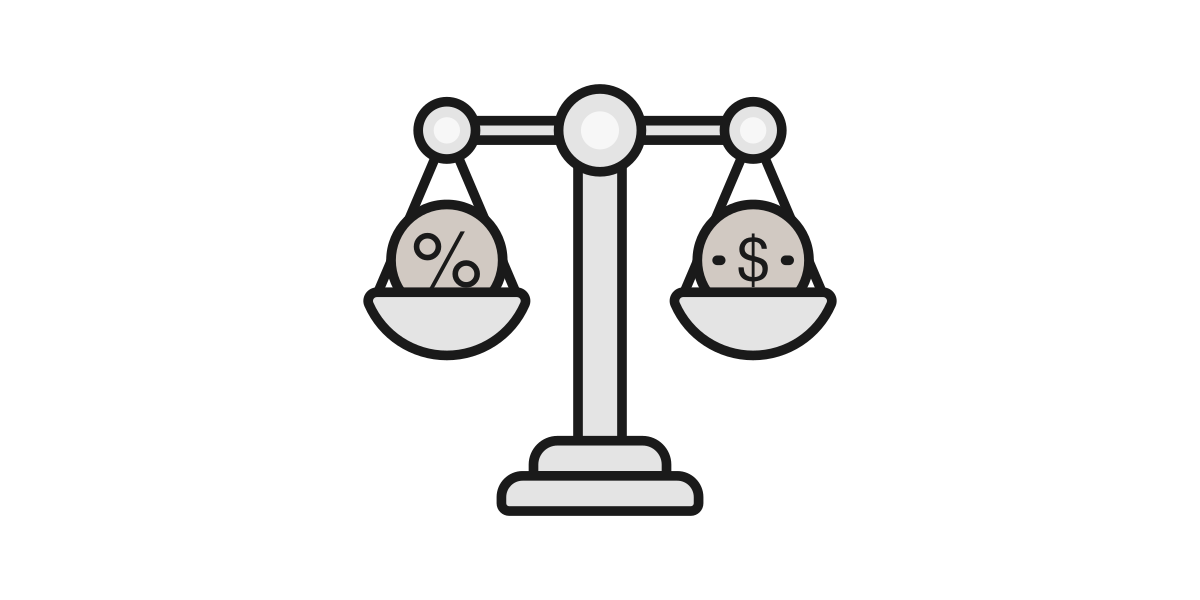 Illustration of a balance scale with percentage and dollar sign symbols