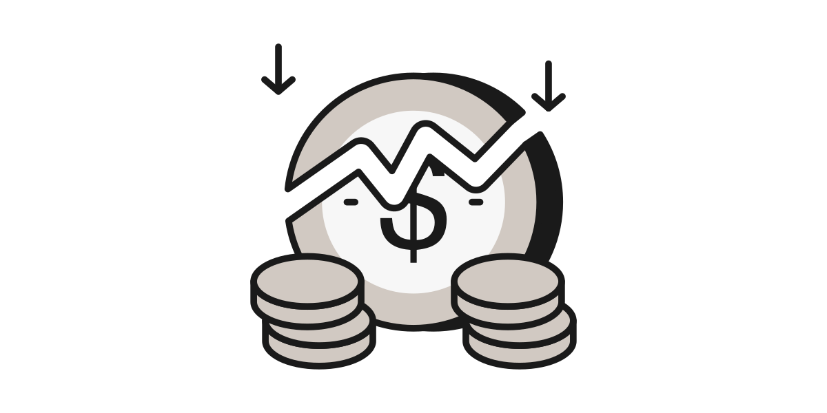 Illustration of a downward trending graph with coins