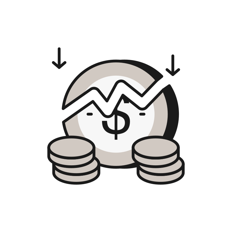 Illustration of a downward trending graph with coins